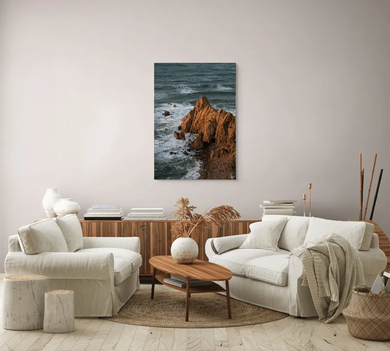 Tablou Canvas, "Ape sărate la stânci ascuțite", Stânci, Apus, Ocean, Valuri, Natură, Coastă, Peisaj, Dramatic, Stâncoasă, Înalțime., 70 x 100 cm – poza 4