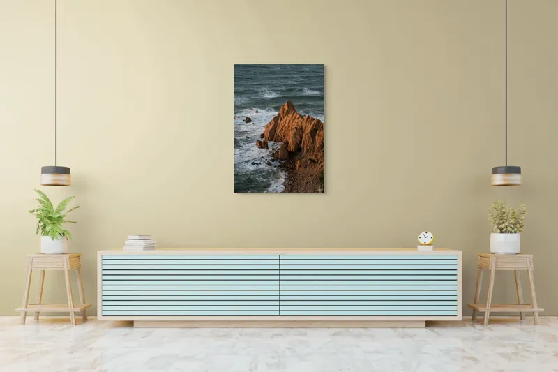 Tablou Canvas, "Ape sărate la stânci ascuțite", Stânci, Apus, Ocean, Valuri, Natură, Coastă, Peisaj, Dramatic, Stâncoasă, Înalțime., 70 x 100 cm – poza 5
