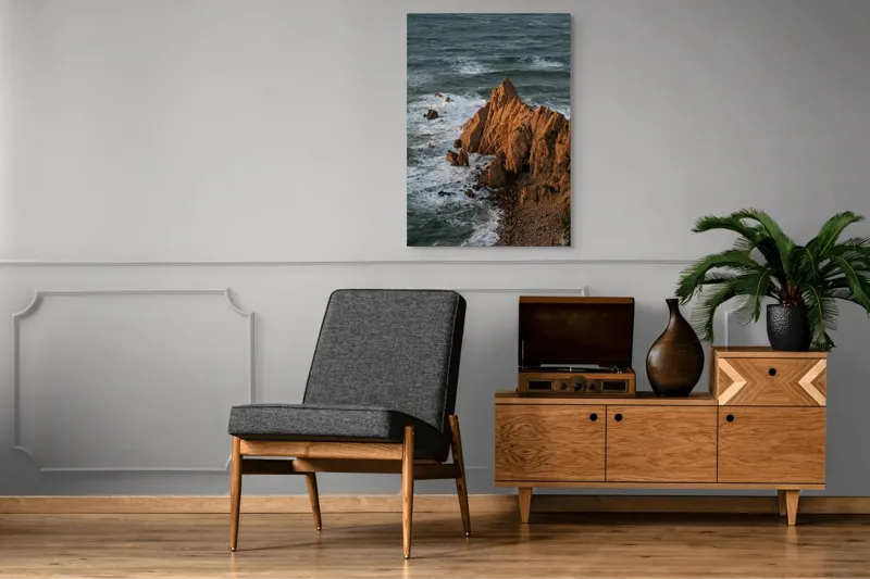 Tablou Canvas, "Ape sărate la stânci ascuțite", Stânci, Apus, Ocean, Valuri, Natură, Coastă, Peisaj, Dramatic, Stâncoasă, Înalțime., 70 x 100 cm – poza 6