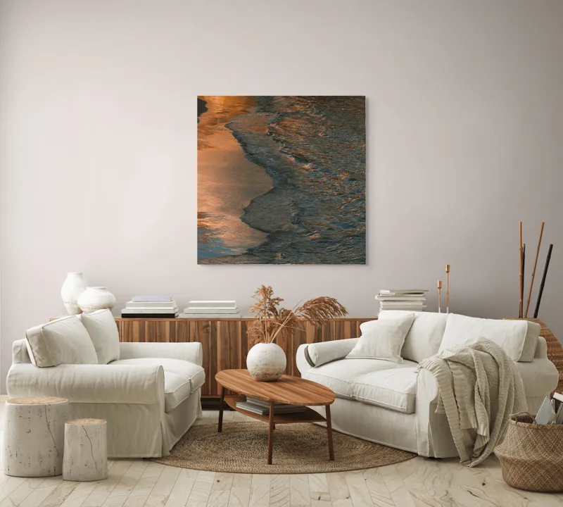 Tablou Canvas, "Reflexii ale amurgului pe mare", Apus, Reflexii, Valuri, Textură, Lumină, Mal, Apă, Calm., 100 x 100 cm – poza 3