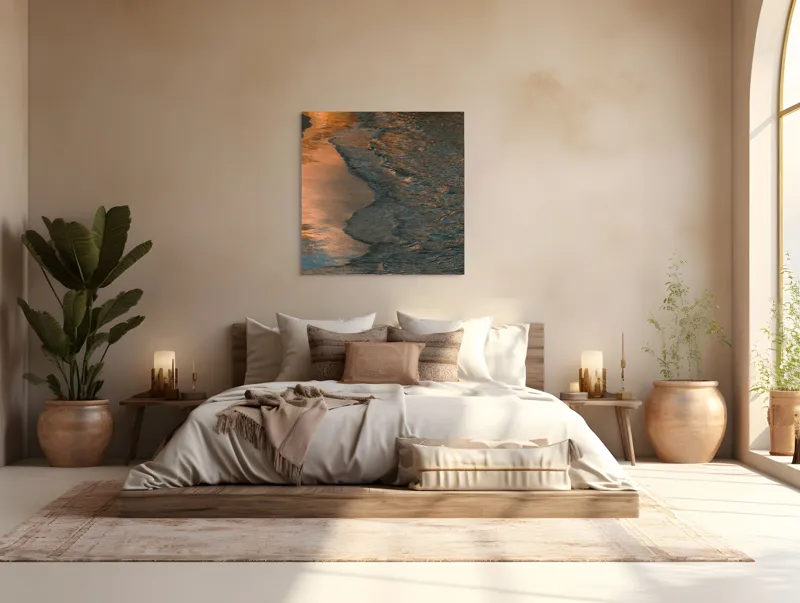 Tablou Canvas, "Reflexii ale amurgului pe mare", Apus, Reflexii, Valuri, Textură, Lumină, Mal, Apă, Calm., 100 x 100 cm – poza 4