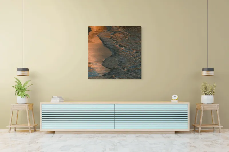 Tablou Canvas, "Reflexii ale amurgului pe mare", Apus, Reflexii, Valuri, Textură, Lumină, Mal, Apă, Calm., 100 x 100 cm – poza 5