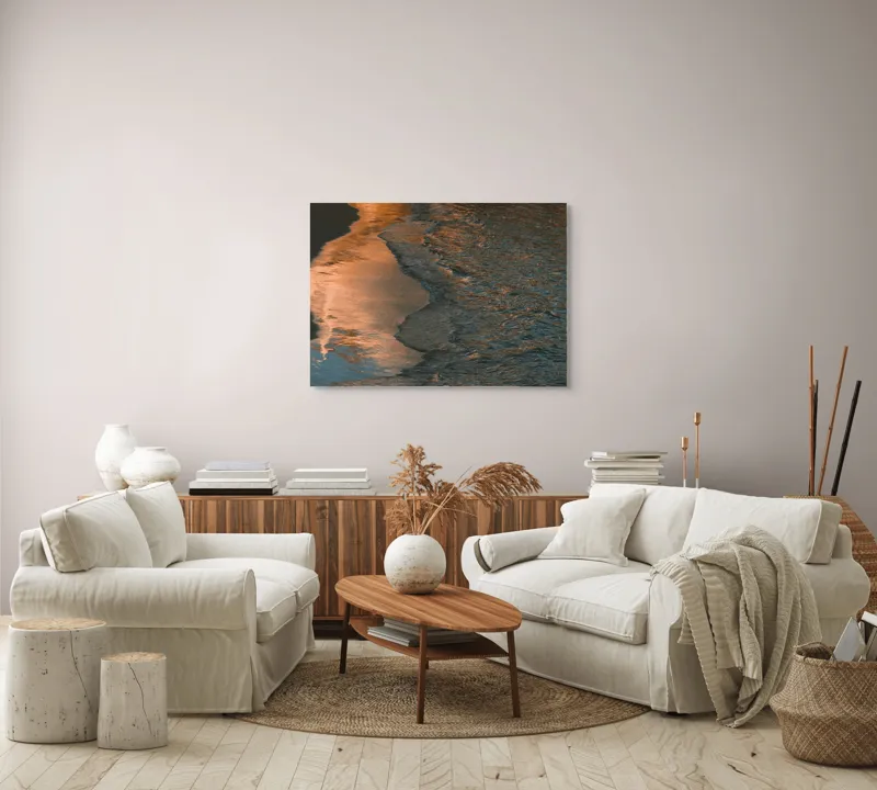 Tablou Canvas, "Reflexii ale amurgului pe mare", Apus, Reflexii, Valuri, Textură, Lumină, Mal, Apă, Calm., 100 x 70 cm – poza 3