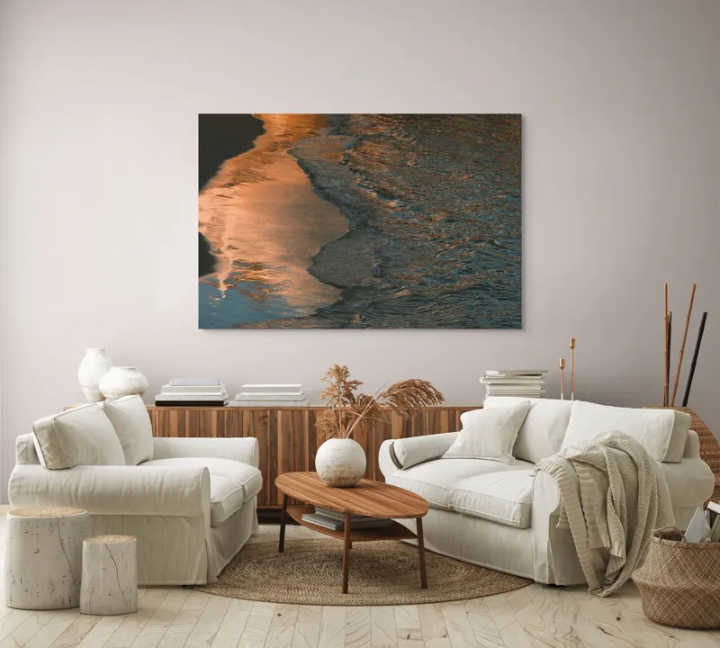 Tablou Canvas, "Reflexii ale amurgului pe mare", Apus, Reflexii, Valuri, Textură, Lumină, Mal, Apă, Calm., 150 x 100 cm – poza 3