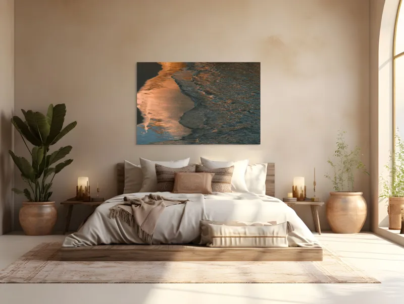 Tablou Canvas, "Reflexii ale amurgului pe mare", Apus, Reflexii, Valuri, Textură, Lumină, Mal, Apă, Calm., 150 x 100 cm – poza 4