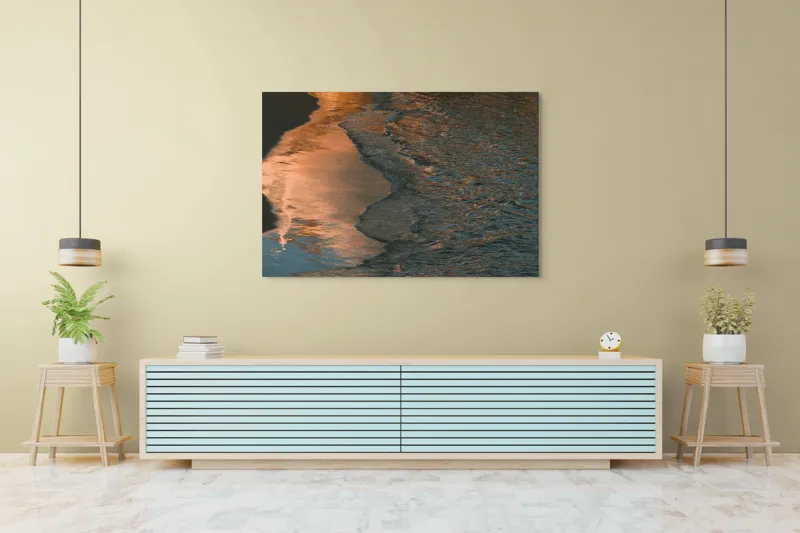 Tablou Canvas, "Reflexii ale amurgului pe mare", Apus, Reflexii, Valuri, Textură, Lumină, Mal, Apă, Calm., 150 x 100 cm – poza 6