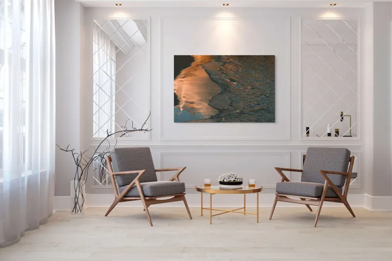 Tablou Canvas, "Reflexii ale amurgului pe mare", Apus, Reflexii, Valuri, Textură, Lumină, Mal, Apă, Calm., 150 x 100 cm – poza 7