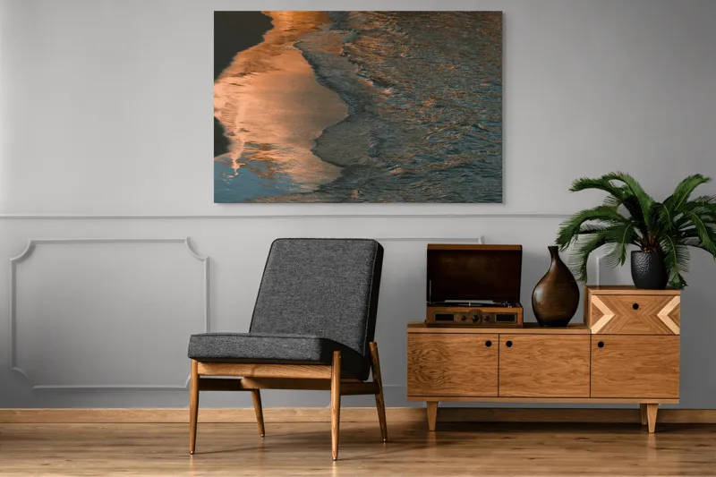 Tablou Canvas, "Reflexii ale amurgului pe mare", Apus, Reflexii, Valuri, Textură, Lumină, Mal, Apă, Calm., 150 x 100 cm – poza 8