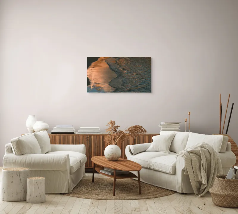 Tablou Canvas, "Reflexii ale amurgului pe mare", Apus, Reflexii, Valuri, Textură, Lumină, Mal, Apă, Calm., 90 x 50 cm – poza 4