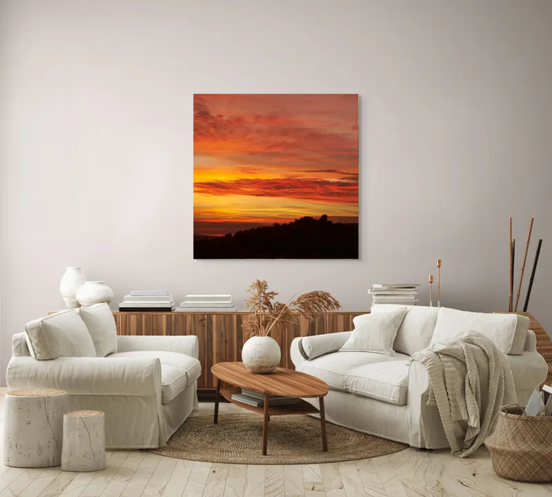 Tablou Canvas, "Răsărit de foc peste coline", Apus, Cer, Nor, Peisaj, Siluetă, Culoare, Horizon, Lumină, Gradienți, Timp, Natură, 100 x 100 cm – poza 3