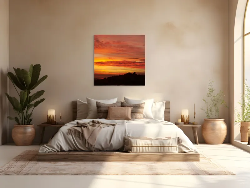 Tablou Canvas, "Răsărit de foc peste coline", Apus, Cer, Nor, Peisaj, Siluetă, Culoare, Horizon, Lumină, Gradienți, Timp, Natură, 100 x 100 cm – poza 4