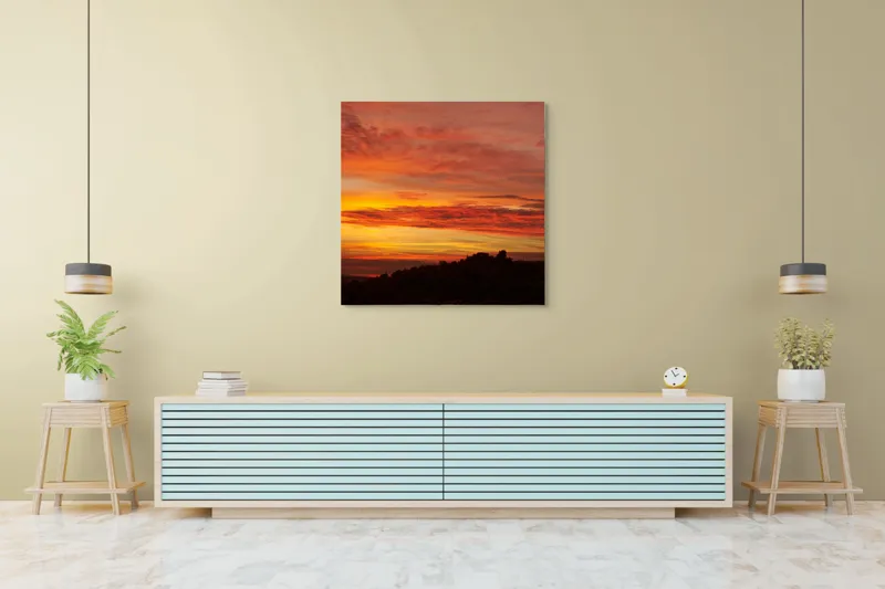Tablou Canvas, "Răsărit de foc peste coline", Apus, Cer, Nor, Peisaj, Siluetă, Culoare, Horizon, Lumină, Gradienți, Timp, Natură, 100 x 100 cm – poza 5