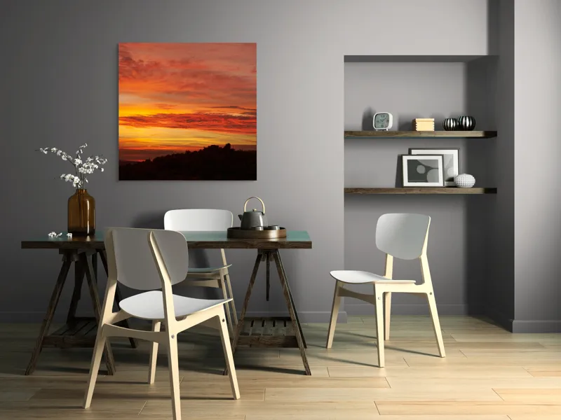 Tablou Canvas, "Răsărit de foc peste coline", Apus, Cer, Nor, Peisaj, Siluetă, Culoare, Horizon, Lumină, Gradienți, Timp, Natură, 100 x 100 cm – poza 6