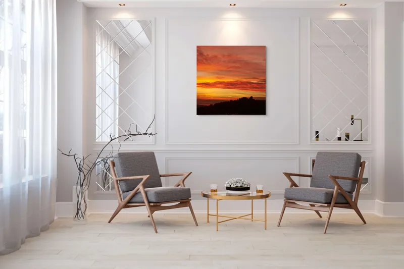 Tablou Canvas, "Răsărit de foc peste coline", Apus, Cer, Nor, Peisaj, Siluetă, Culoare, Horizon, Lumină, Gradienți, Timp, Natură, 100 x 100 cm – poza 7
