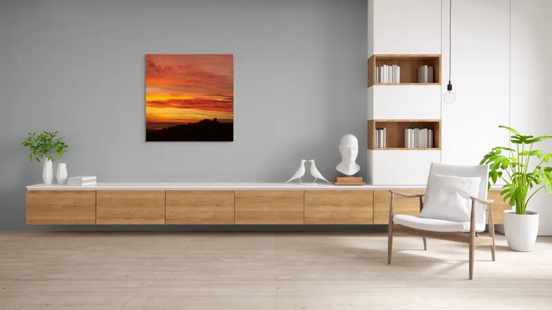 Tablou Canvas, "Răsărit de foc peste coline", Apus, Cer, Nor, Peisaj, Siluetă, Culoare, Horizon, Lumină, Gradienți, Timp, Natură, 100 x 100 cm – poza 8