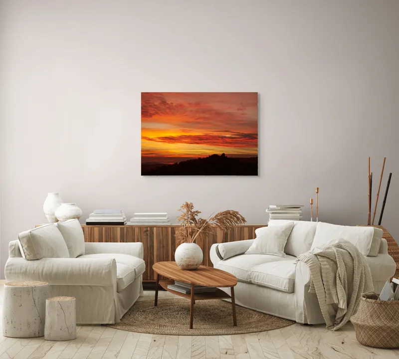 Tablou Canvas, "Răsărit de foc peste coline", Apus, Cer, Nor, Peisaj, Siluetă, Culoare, Horizon, Lumină, Gradienți, Timp, Natură, 100 x 70 cm – poza 3