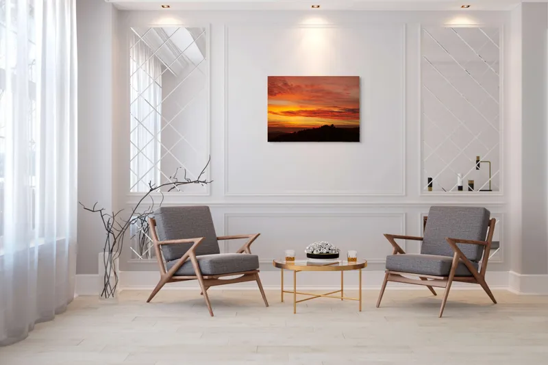 Tablou Canvas, "Răsărit de foc peste coline", Apus, Cer, Nor, Peisaj, Siluetă, Culoare, Horizon, Lumină, Gradienți, Timp, Natură, 100 x 70 cm – poza 5