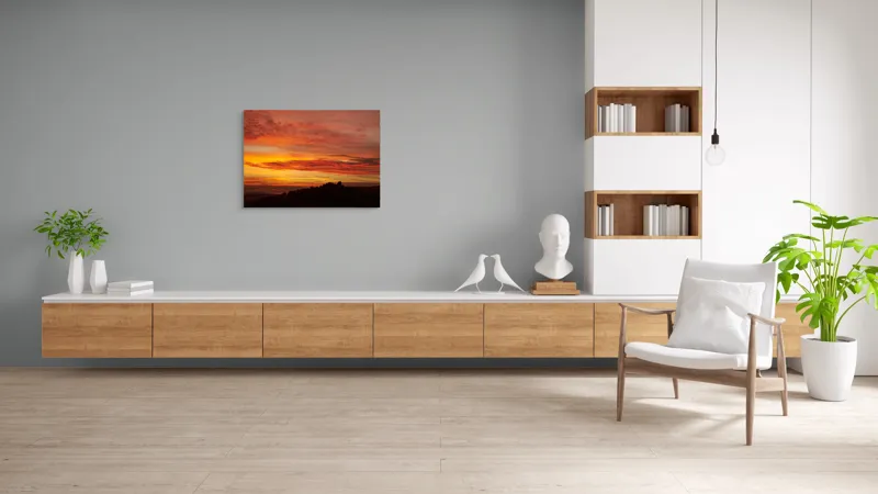 Tablou Canvas, "Răsărit de foc peste coline", Apus, Cer, Nor, Peisaj, Siluetă, Culoare, Horizon, Lumină, Gradienți, Timp, Natură, 100 x 70 cm – poza 6