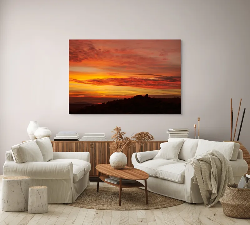 Tablou Canvas, "Răsărit de foc peste coline", Apus, Cer, Nor, Peisaj, Siluetă, Culoare, Horizon, Lumină, Gradienți, Timp, Natură, 150 x 100 cm – poza 3
