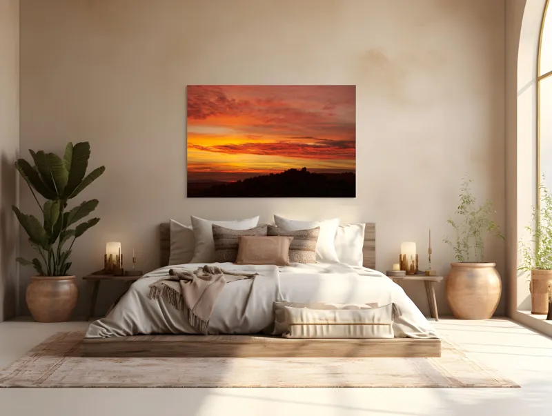Tablou Canvas, "Răsărit de foc peste coline", Apus, Cer, Nor, Peisaj, Siluetă, Culoare, Horizon, Lumină, Gradienți, Timp, Natură, 150 x 100 cm – poza 4
