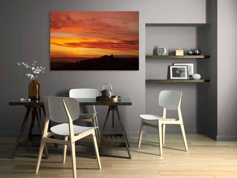 Tablou Canvas, "Răsărit de foc peste coline", Apus, Cer, Nor, Peisaj, Siluetă, Culoare, Horizon, Lumină, Gradienți, Timp, Natură, 150 x 100 cm – poza 5