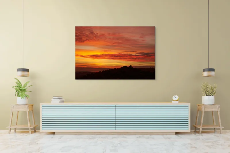 Tablou Canvas, "Răsărit de foc peste coline", Apus, Cer, Nor, Peisaj, Siluetă, Culoare, Horizon, Lumină, Gradienți, Timp, Natură, 150 x 100 cm – poza 6