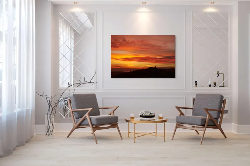 Tablou Canvas, "Răsărit de foc peste coline", Apus, Cer, Nor, Peisaj, Siluetă, Culoare, Horizon, Lumină, Gradienți, Timp, Natură, 150 x 100 cm – poza 7
