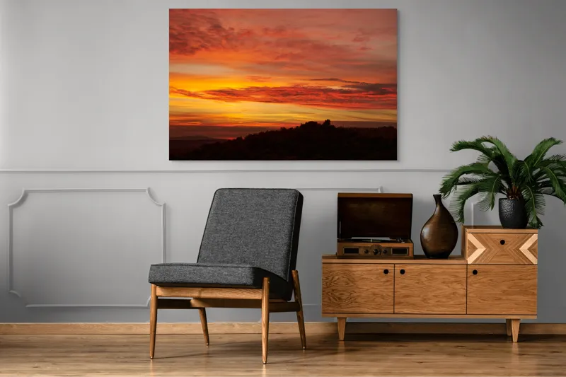 Tablou Canvas, "Răsărit de foc peste coline", Apus, Cer, Nor, Peisaj, Siluetă, Culoare, Horizon, Lumină, Gradienți, Timp, Natură, 150 x 100 cm – poza 8