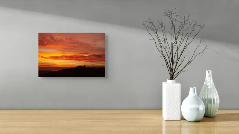 Tablou Canvas, "Răsărit de foc peste coline", Apus, Cer, Nor, Peisaj, Siluetă, Culoare, Horizon, Lumină, Gradienți, Timp, Natură, 39 x 26 cm – poza 8