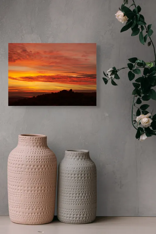 Tablou Canvas, "Răsărit de foc peste coline", Apus, Cer, Nor, Peisaj, Siluetă, Culoare, Horizon, Lumină, Gradienți, Timp, Natură, 54 x 39 cm – poza 8