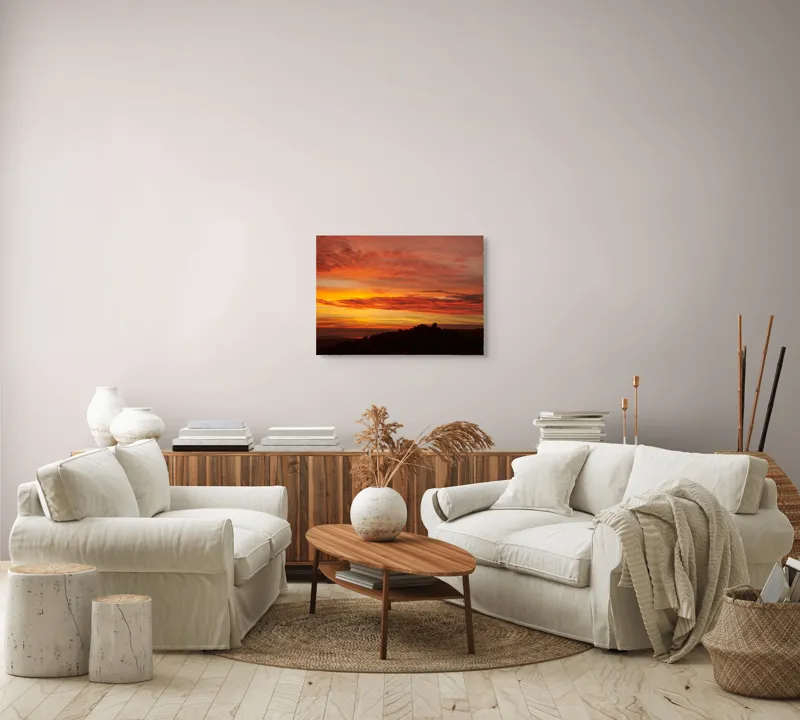 Tablou Canvas, "Răsărit de foc peste coline", Apus, Cer, Nor, Peisaj, Siluetă, Culoare, Horizon, Lumină, Gradienți, Timp, Natură, 70 x 50 cm – poza 6