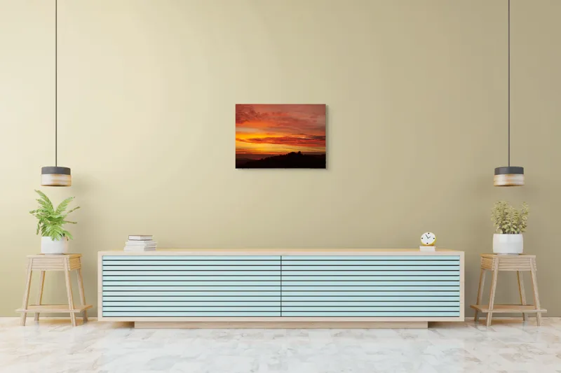 Tablou Canvas, "Răsărit de foc peste coline", Apus, Cer, Nor, Peisaj, Siluetă, Culoare, Horizon, Lumină, Gradienți, Timp, Natură, 70 x 50 cm – poza 7