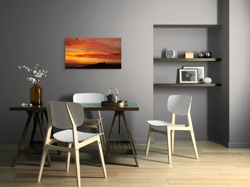 Tablou Canvas, "Răsărit de foc peste coline", Apus, Cer, Nor, Peisaj, Siluetă, Culoare, Horizon, Lumină, Gradienți, Timp, Natură, 90 x 50 cm – poza 3