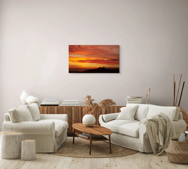 Tablou Canvas, "Răsărit de foc peste coline", Apus, Cer, Nor, Peisaj, Siluetă, Culoare, Horizon, Lumină, Gradienți, Timp, Natură, 90 x 50 cm – poza 4