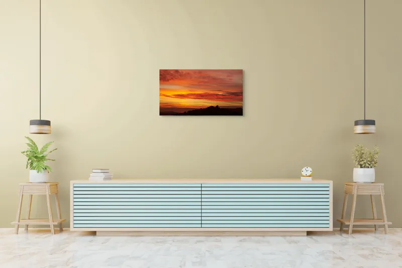 Tablou Canvas, "Răsărit de foc peste coline", Apus, Cer, Nor, Peisaj, Siluetă, Culoare, Horizon, Lumină, Gradienți, Timp, Natură, 90 x 50 cm – poza 5