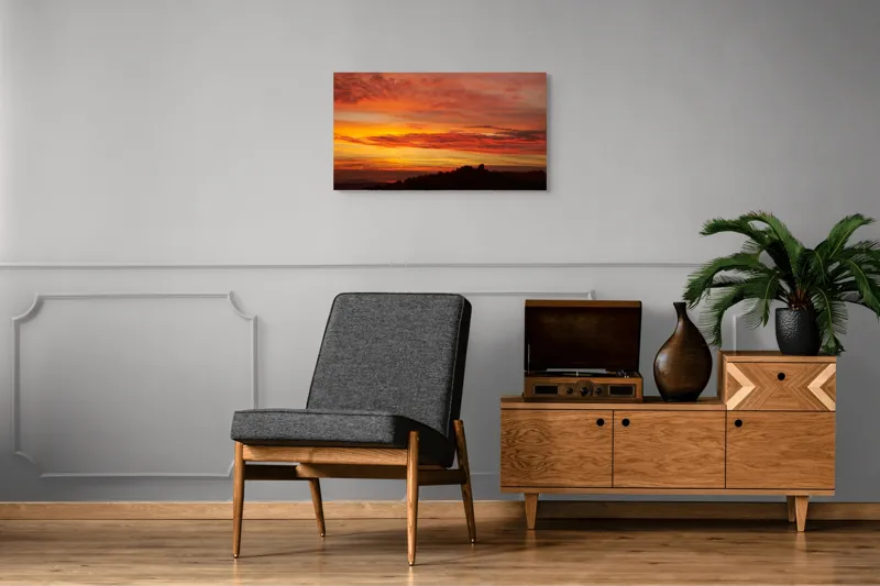 Tablou Canvas, "Răsărit de foc peste coline", Apus, Cer, Nor, Peisaj, Siluetă, Culoare, Horizon, Lumină, Gradienți, Timp, Natură, 90 x 50 cm – poza 6