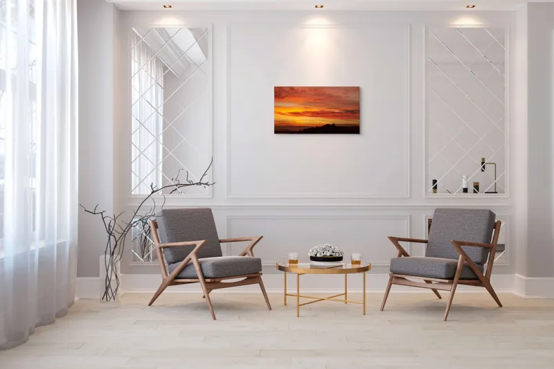 Tablou Canvas, "Răsărit de foc peste coline", Apus, Cer, Nor, Peisaj, Siluetă, Culoare, Horizon, Lumină, Gradienți, Timp, Natură, 90 x 50 cm – poza 7