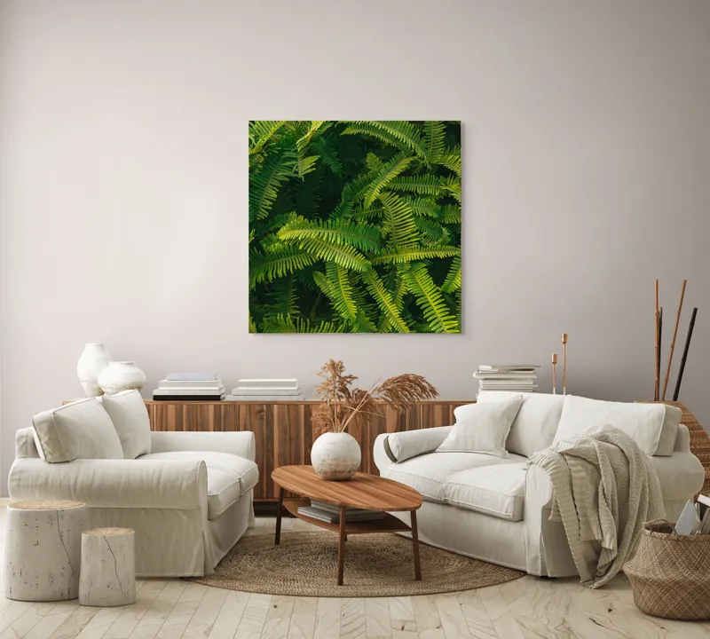 Tablou Canvas, "Ferigi verzi în lumina soarelui", Frunze, Verzi, Luxuriante, Natură, Abundență, Vegetație, Frumusețe, Vitalitate, Textură, Prospețime, 100 x 100 cm – poza 3
