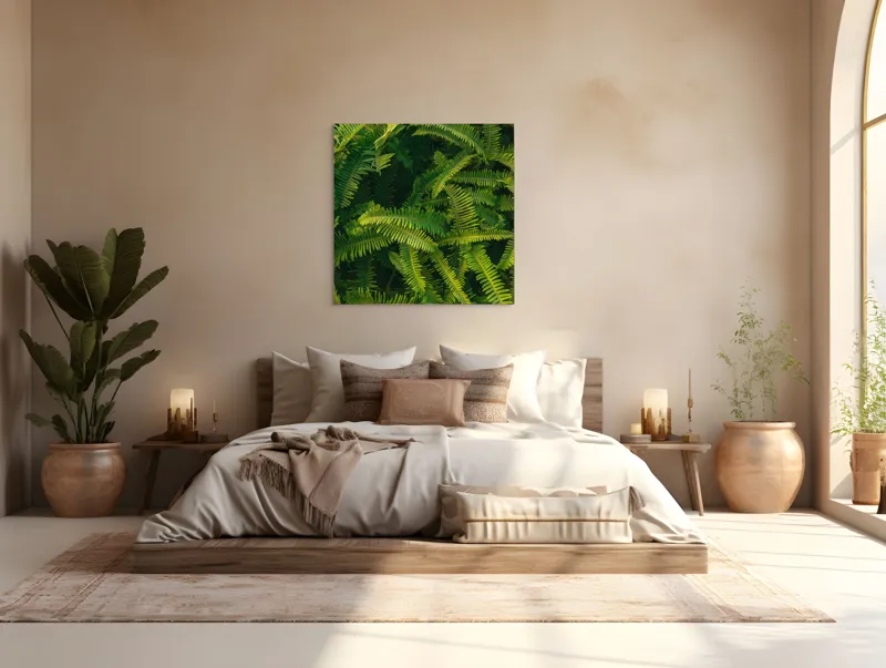 Tablou Canvas, "Ferigi verzi în lumina soarelui", Frunze, Verzi, Luxuriante, Natură, Abundență, Vegetație, Frumusețe, Vitalitate, Textură, Prospețime, 100 x 100 cm – poza 4