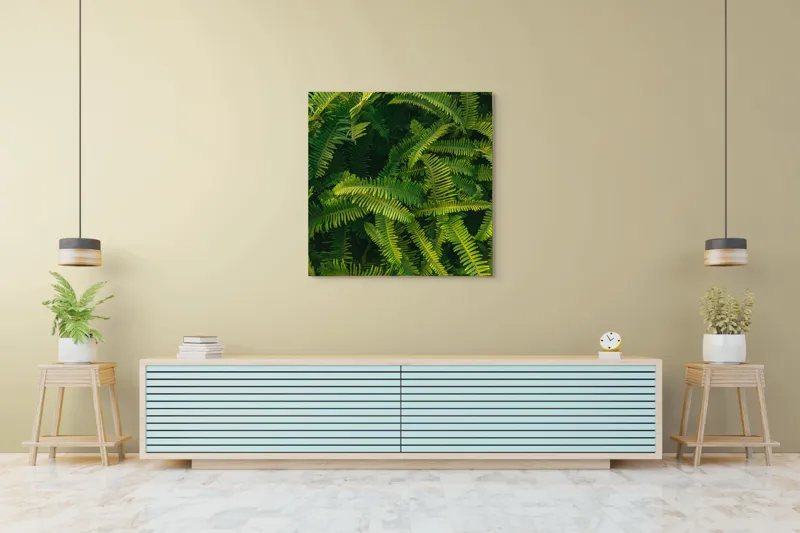 Tablou Canvas, "Ferigi verzi în lumina soarelui", Frunze, Verzi, Luxuriante, Natură, Abundență, Vegetație, Frumusețe, Vitalitate, Textură, Prospețime, 100 x 100 cm – poza 5