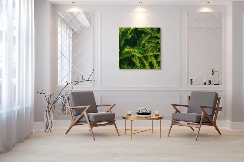 Tablou Canvas, "Ferigi verzi în lumina soarelui", Frunze, Verzi, Luxuriante, Natură, Abundență, Vegetație, Frumusețe, Vitalitate, Textură, Prospețime, 100 x 100 cm – poza 7