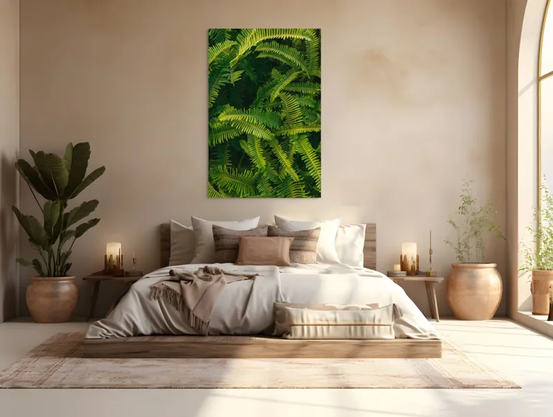 Tablou Canvas, "Ferigi verzi în lumina soarelui", Frunze, Verzi, Luxuriante, Natură, Abundență, Vegetație, Frumusețe, Vitalitate, Textură, Prospețime, 100 x 150 cm – poza 3