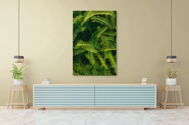 Tablou Canvas, "Ferigi verzi în lumina soarelui", Frunze, Verzi, Luxuriante, Natură, Abundență, Vegetație, Frumusețe, Vitalitate, Textură, Prospețime, 100 x 150 cm – poza 4