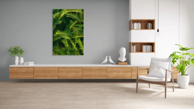 Tablou Canvas, "Ferigi verzi în lumina soarelui", Frunze, Verzi, Luxuriante, Natură, Abundență, Vegetație, Frumusețe, Vitalitate, Textură, Prospețime, 100 x 150 cm – poza 8