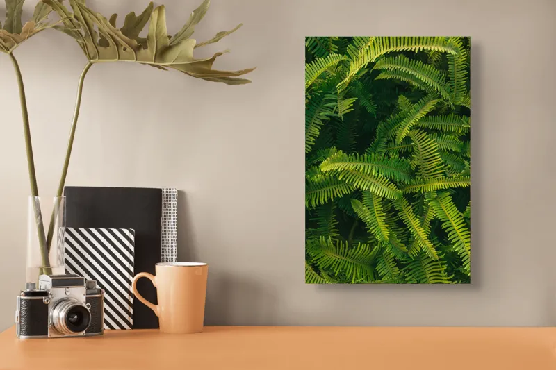 Tablou Canvas, "Ferigi verzi în lumina soarelui", Frunze, Verzi, Luxuriante, Natură, Abundență, Vegetație, Frumusețe, Vitalitate, Textură, Prospețime, 26 x 39 cm – poza 3