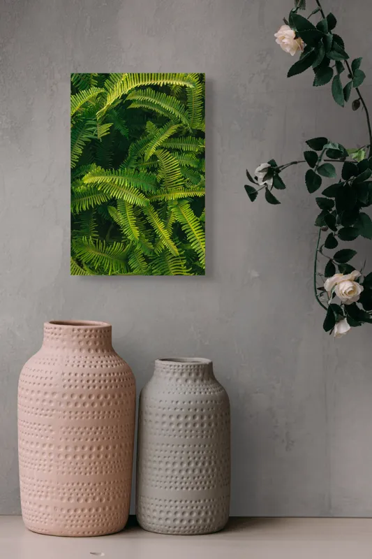 Tablou Canvas, "Ferigi verzi în lumina soarelui", Frunze, Verzi, Luxuriante, Natură, Abundență, Vegetație, Frumusețe, Vitalitate, Textură, Prospețime, 26 x 39 cm – poza 6