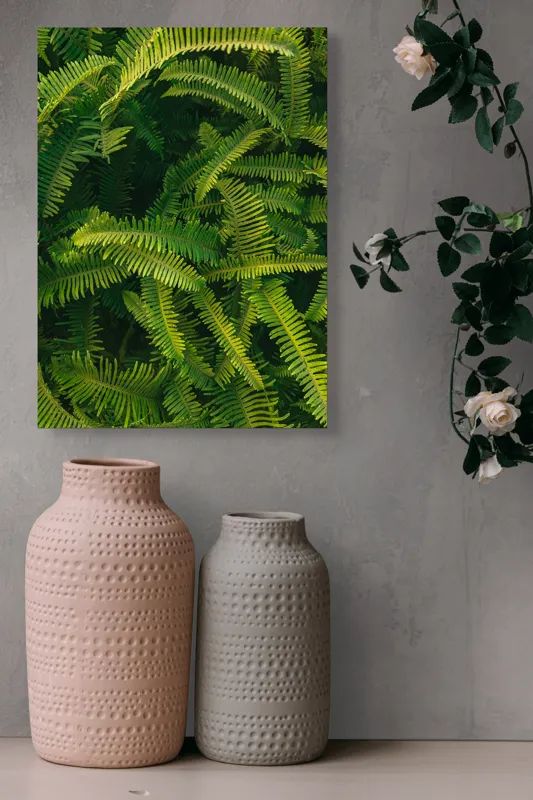 Tablou Canvas, "Ferigi verzi în lumina soarelui", Frunze, Verzi, Luxuriante, Natură, Abundență, Vegetație, Frumusețe, Vitalitate, Textură, Prospețime, 39 x 54 cm – poza 6