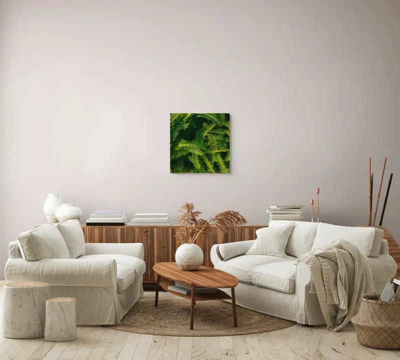 Tablou Canvas, "Ferigi verzi în lumina soarelui", Frunze, Verzi, Luxuriante, Natură, Abundență, Vegetație, Frumusețe, Vitalitate, Textură, Prospețime, 50 x 50 cm – poza 7