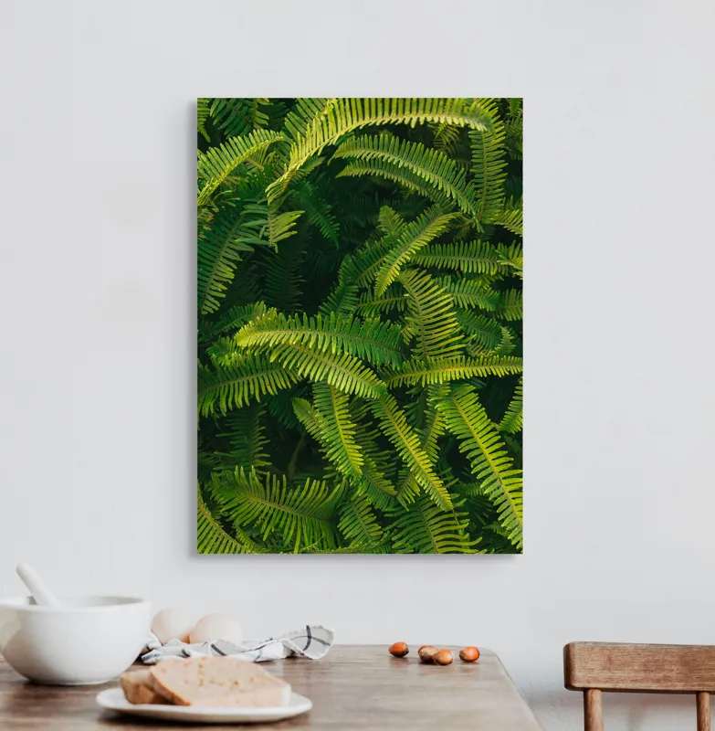 Tablou Canvas, "Ferigi verzi în lumina soarelui", Frunze, Verzi, Luxuriante, Natură, Abundență, Vegetație, Frumusețe, Vitalitate, Textură, Prospețime, 50 x 70 cm – poza 3