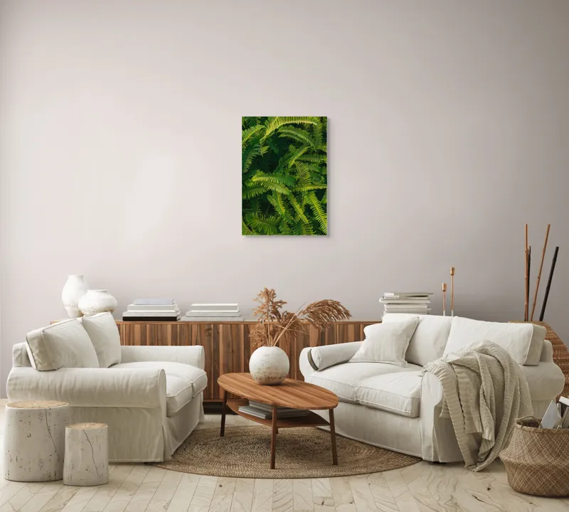 Tablou Canvas, "Ferigi verzi în lumina soarelui", Frunze, Verzi, Luxuriante, Natură, Abundență, Vegetație, Frumusețe, Vitalitate, Textură, Prospețime, 50 x 70 cm – poza 4